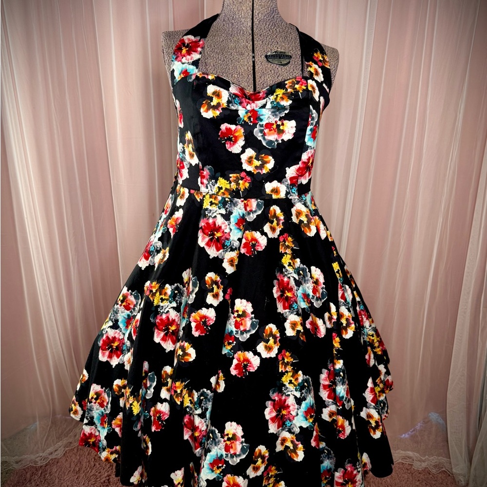 Vintage Style,  Full Circle Swing Dress Black with Autumn Colored Florals